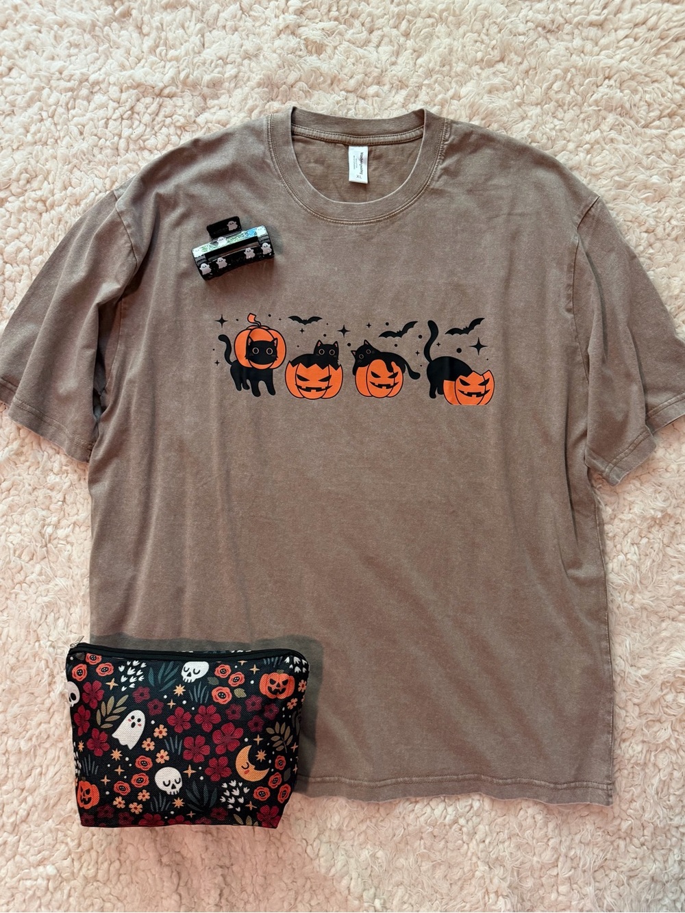 NEW Pumpkin Black Cats Halloween Tee T-Shirt Ghost Claw Clip Floral Pouch Set XL